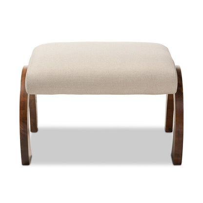 Light Beige Fabric Upholstered Walnut Brown Finished Wood Ottoman