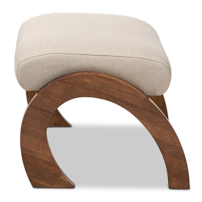 Light Beige Fabric Upholstered Walnut Brown Finished Wood Ottoman