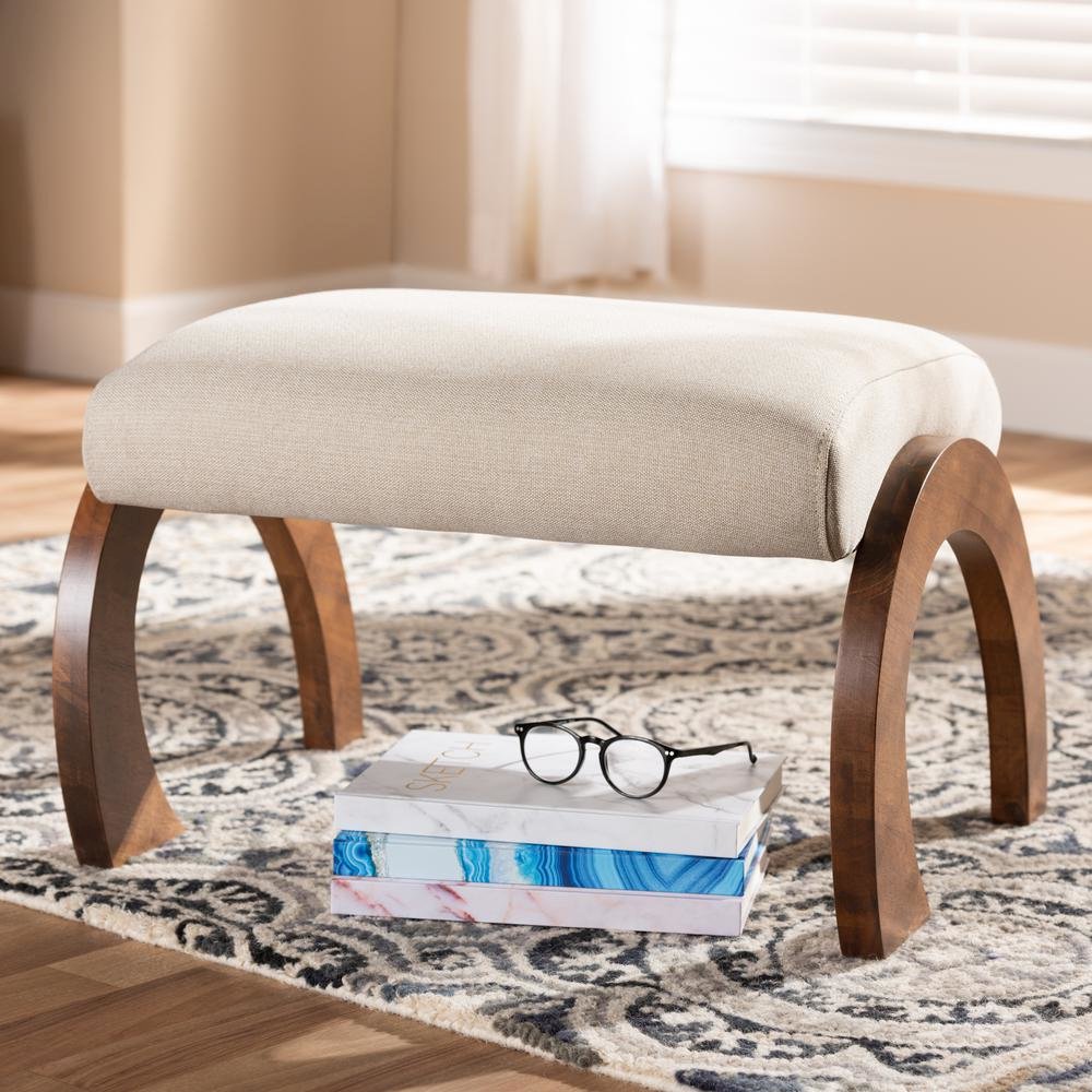 Light Beige Fabric Upholstered Walnut Brown Finished Wood Ottoman