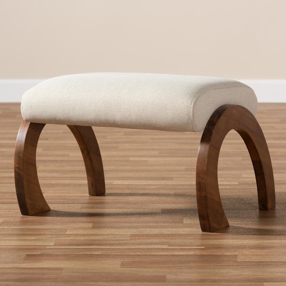 Light Beige Fabric Upholstered Walnut Brown Finished Wood Ottoman