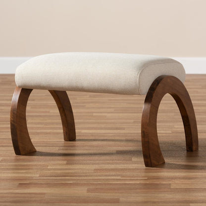 Light Beige Fabric Upholstered Walnut Brown Finished Wood Ottoman