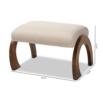 Light Beige Fabric Upholstered Walnut Brown Finished Wood Ottoman