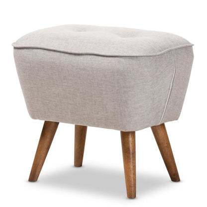 Greyish Beige Fabric Upholstered Walnut Brown Finished Wood Ottoman