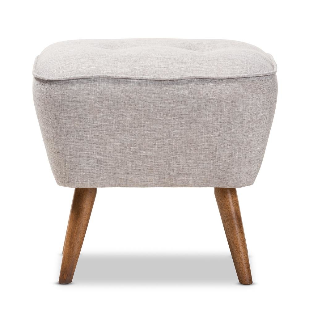 Greyish Beige Fabric Upholstered Walnut Brown Finished Wood Ottoman