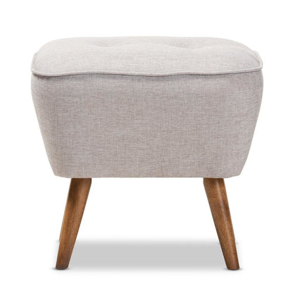 Greyish Beige Fabric Upholstered Walnut Brown Finished Wood Ottoman