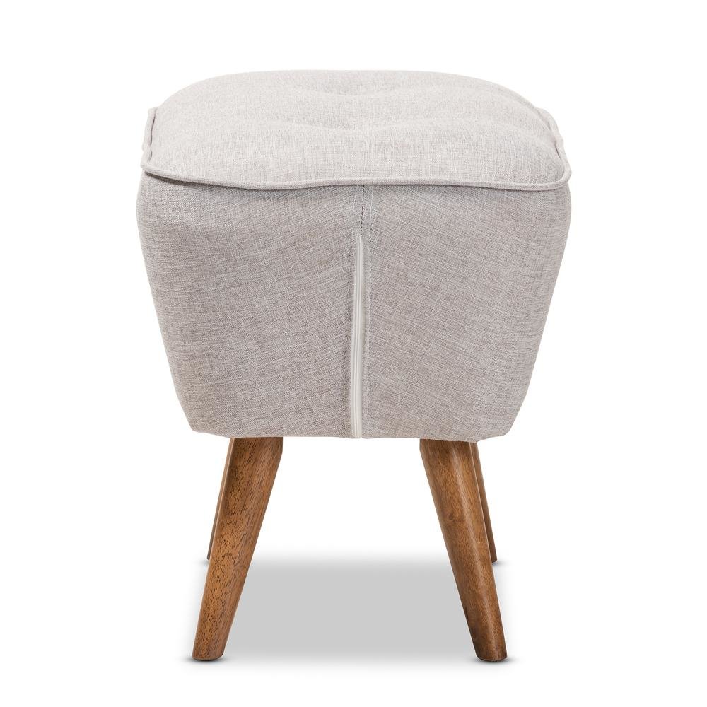 Greyish Beige Fabric Upholstered Walnut Brown Finished Wood Ottoman