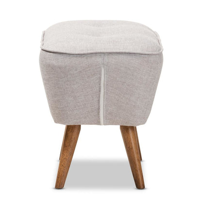 Greyish Beige Fabric Upholstered Walnut Brown Finished Wood Ottoman