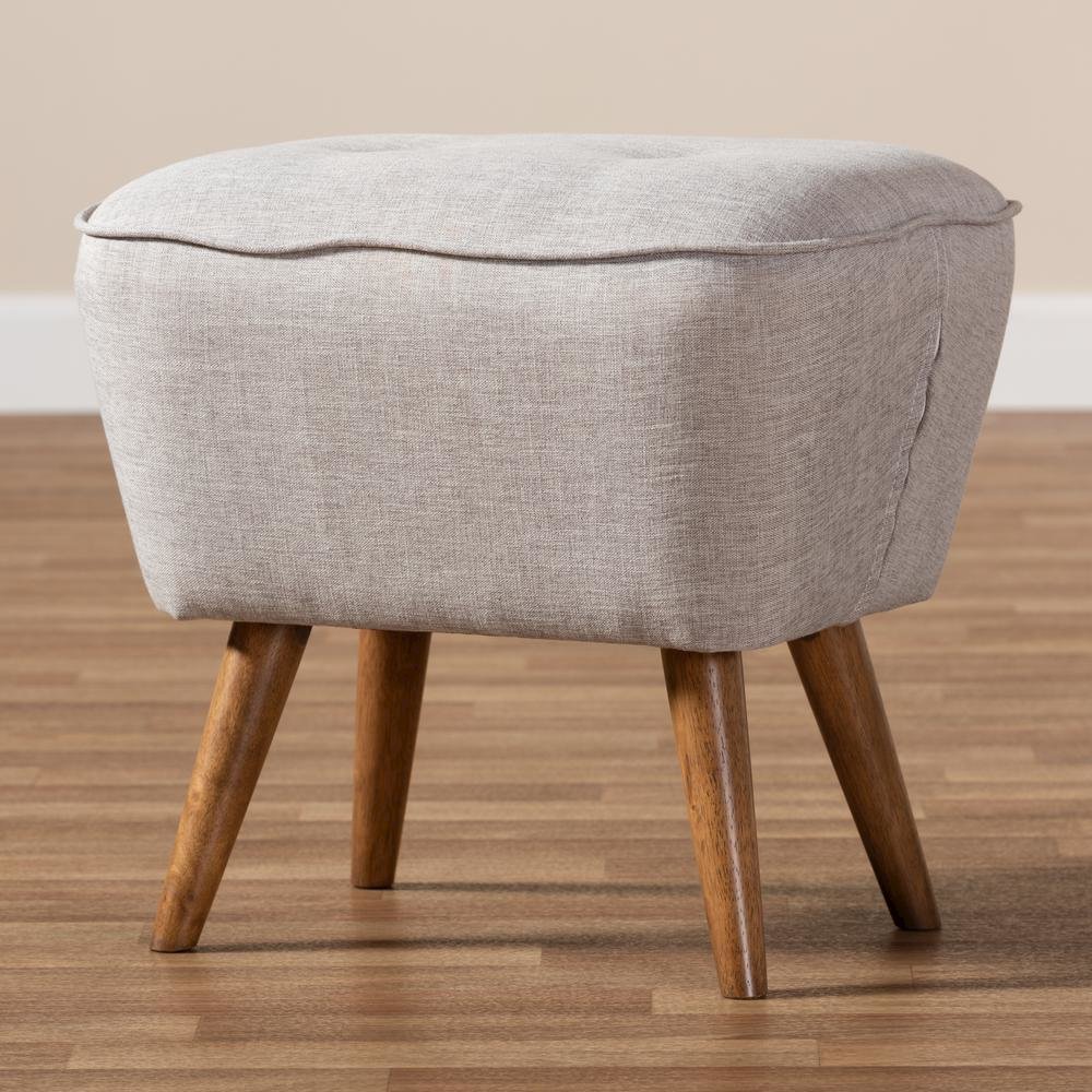 Greyish Beige Fabric Upholstered Walnut Brown Finished Wood Ottoman