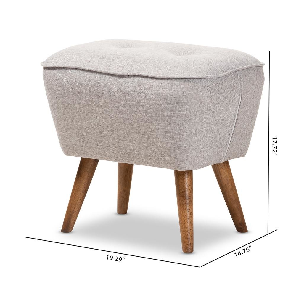 Greyish Beige Fabric Upholstered Walnut Brown Finished Wood Ottoman