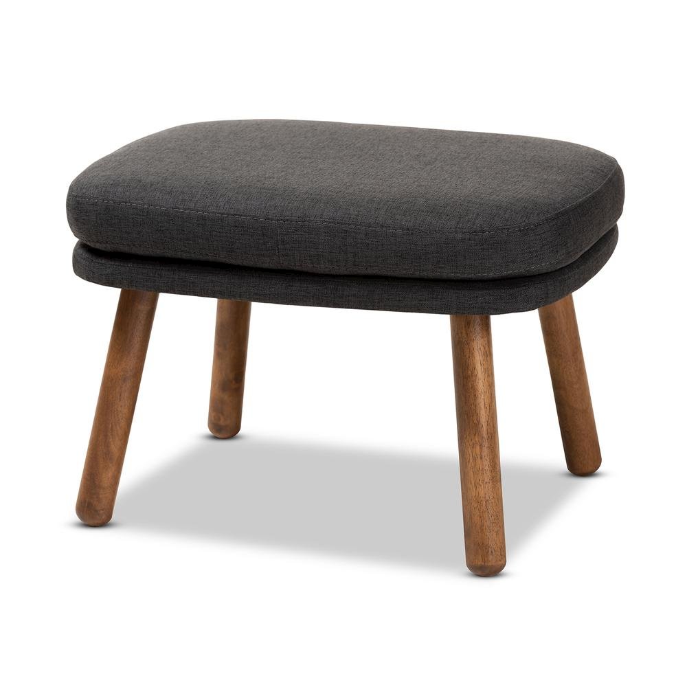 Dark Grey Fabric Upholstered Walnut Brown Finished Wood Ottoman