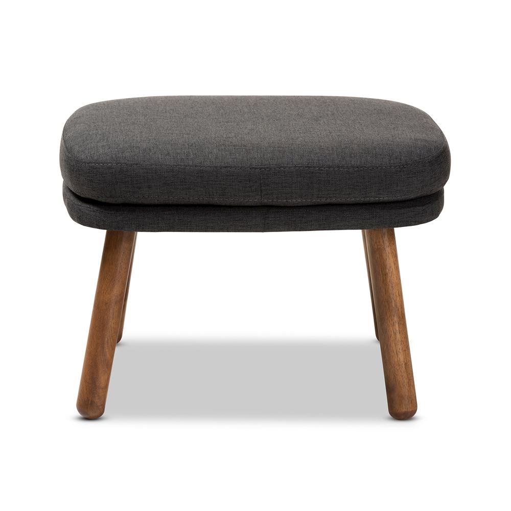 Dark Grey Fabric Upholstered Walnut Brown Finished Wood Ottoman