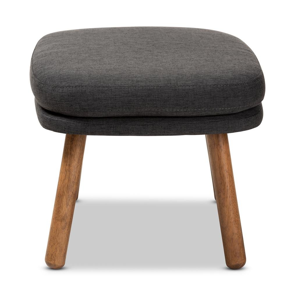 Dark Grey Fabric Upholstered Walnut Brown Finished Wood Ottoman