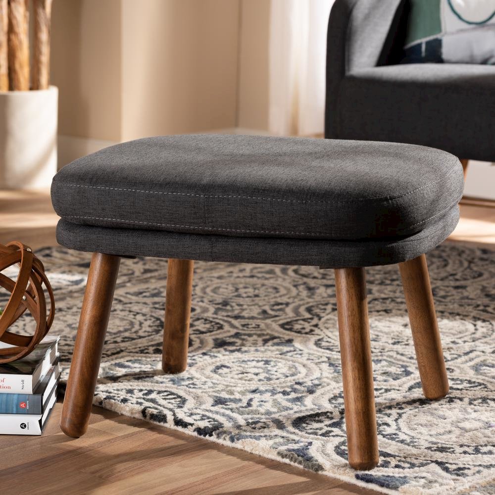 Dark Grey Fabric Upholstered Walnut Brown Finished Wood Ottoman
