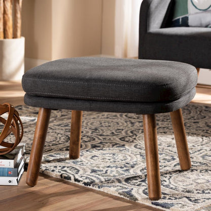 Dark Grey Fabric Upholstered Walnut Brown Finished Wood Ottoman