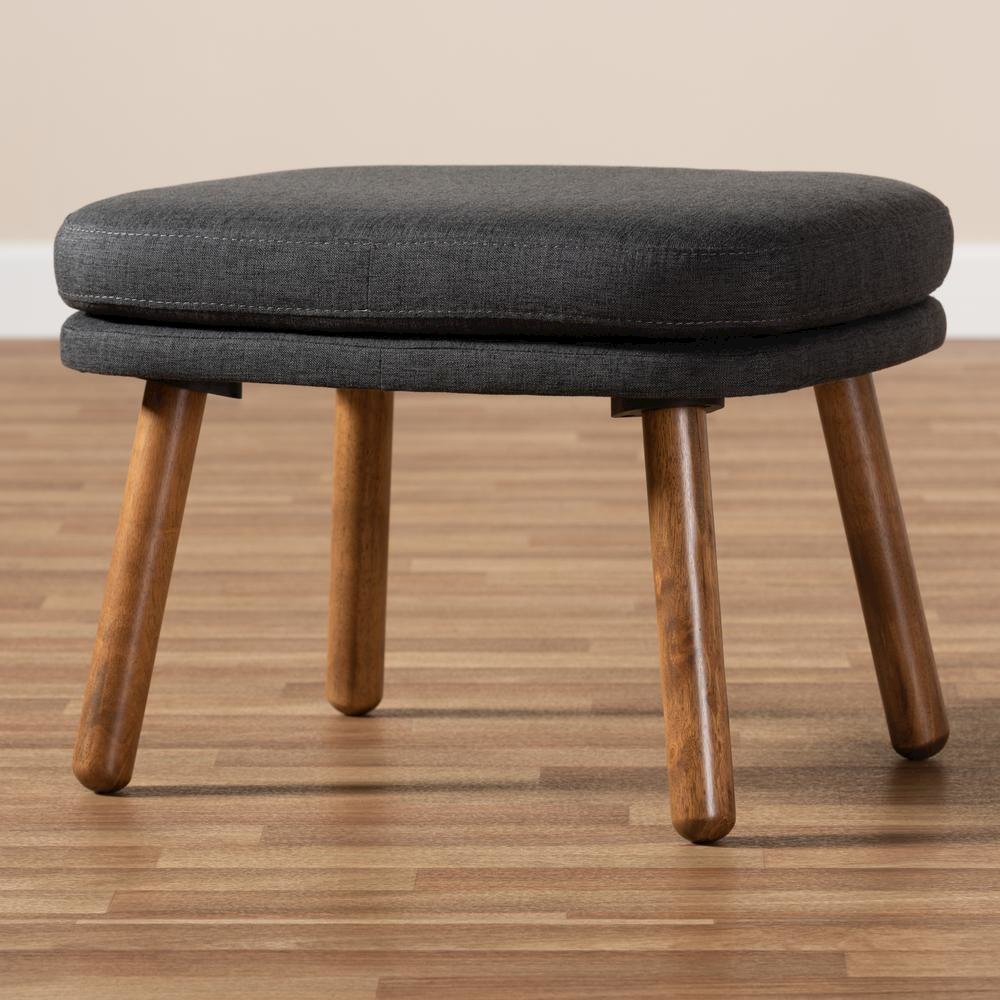 Dark Grey Fabric Upholstered Walnut Brown Finished Wood Ottoman