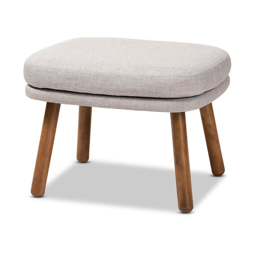 Greyish Beige Fabric Upholstered Walnut Brown Finished Wood Ottoman