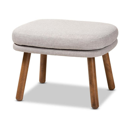 Greyish Beige Fabric Upholstered Walnut Brown Finished Wood Ottoman