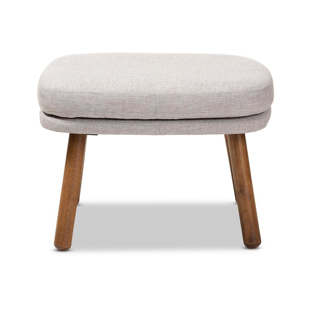 Greyish Beige Fabric Upholstered Walnut Brown Finished Wood Ottoman