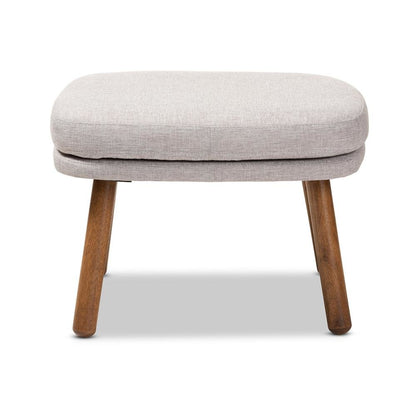 Greyish Beige Fabric Upholstered Walnut Brown Finished Wood Ottoman