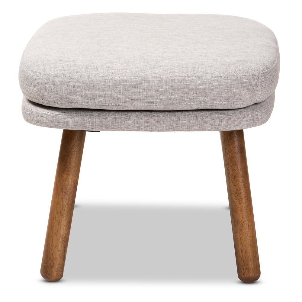 Greyish Beige Fabric Upholstered Walnut Brown Finished Wood Ottoman