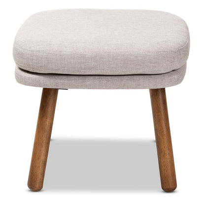Greyish Beige Fabric Upholstered Walnut Brown Finished Wood Ottoman