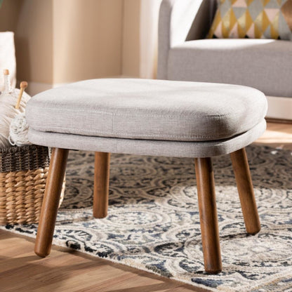 Greyish Beige Fabric Upholstered Walnut Brown Finished Wood Ottoman
