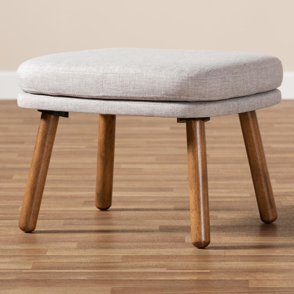 Greyish Beige Fabric Upholstered Walnut Brown Finished Wood Ottoman