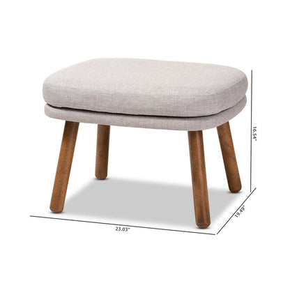 Greyish Beige Fabric Upholstered Walnut Brown Finished Wood Ottoman