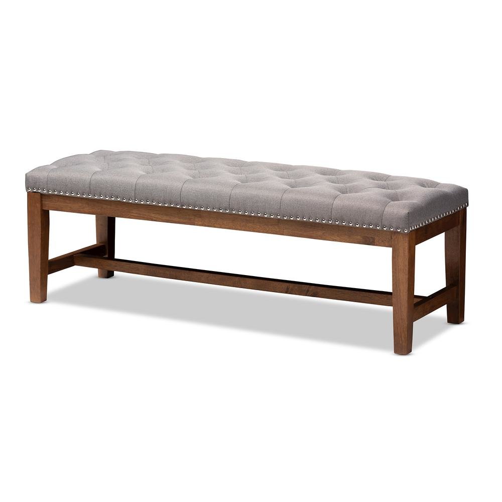 Grey Fabric Upholstered Walnut Finished Solid Rubberwood Bench