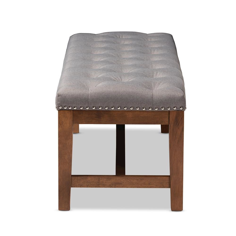 Grey Fabric Upholstered Walnut Finished Solid Rubberwood Bench