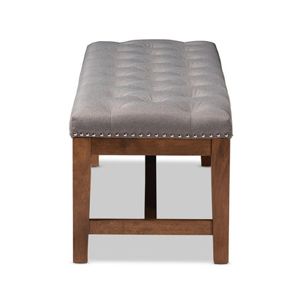 Grey Fabric Upholstered Walnut Finished Solid Rubberwood Bench