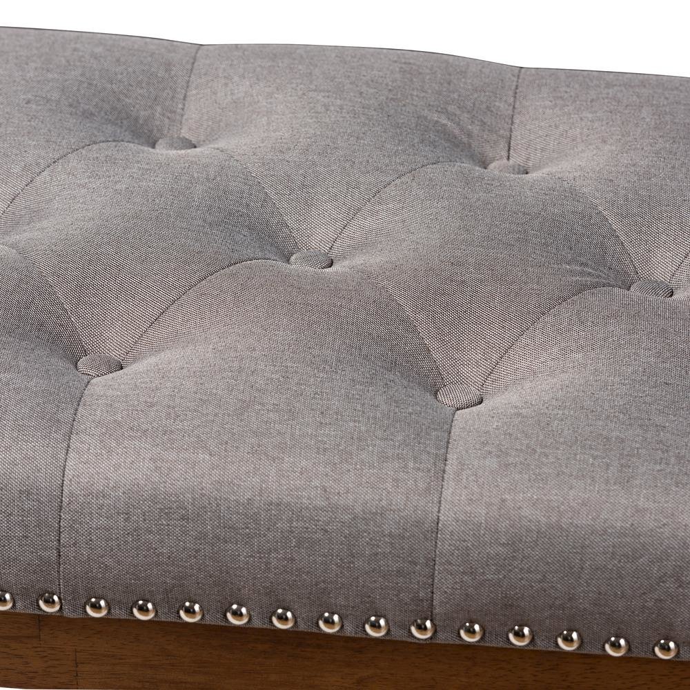 Grey Fabric Upholstered Walnut Finished Solid Rubberwood Bench