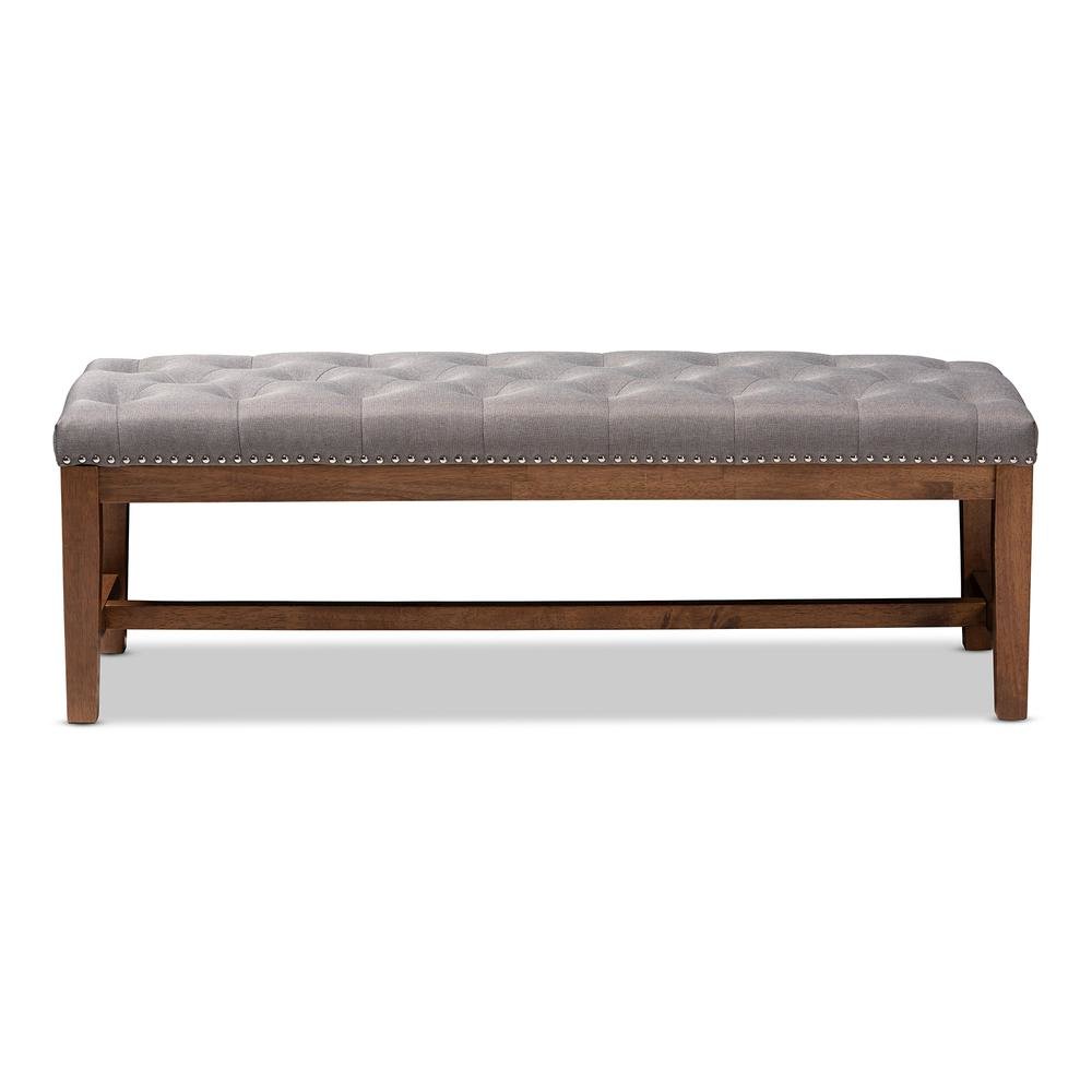 Grey Fabric Upholstered Walnut Finished Solid Rubberwood Bench
