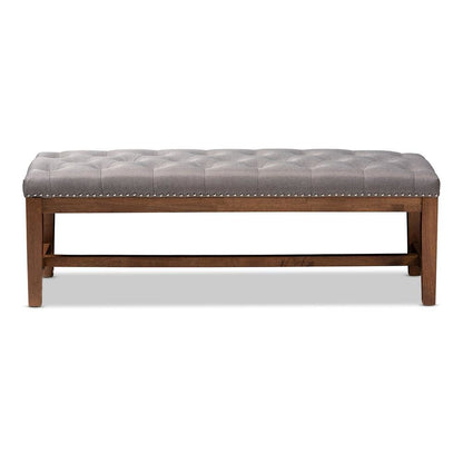 Grey Fabric Upholstered Walnut Finished Solid Rubberwood Bench