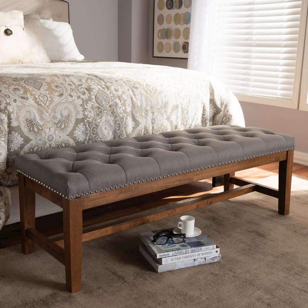 Grey Fabric Upholstered Walnut Finished Solid Rubberwood Bench