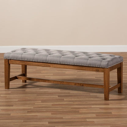 Grey Fabric Upholstered Walnut Finished Solid Rubberwood Bench