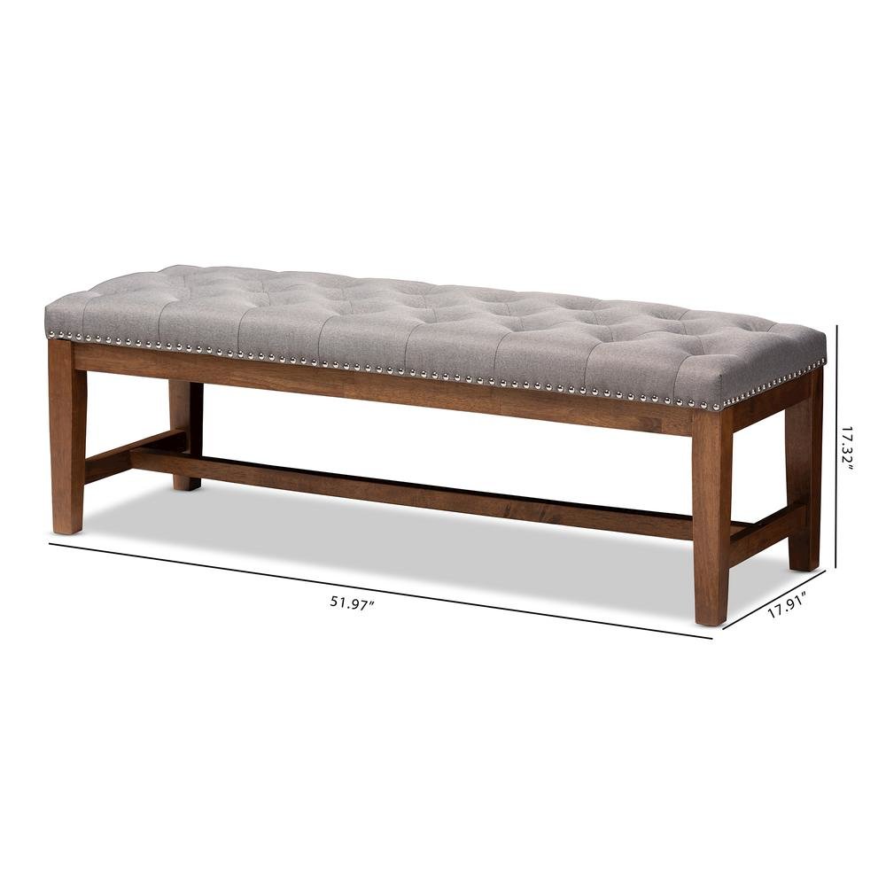 Grey Fabric Upholstered Walnut Finished Solid Rubberwood Bench