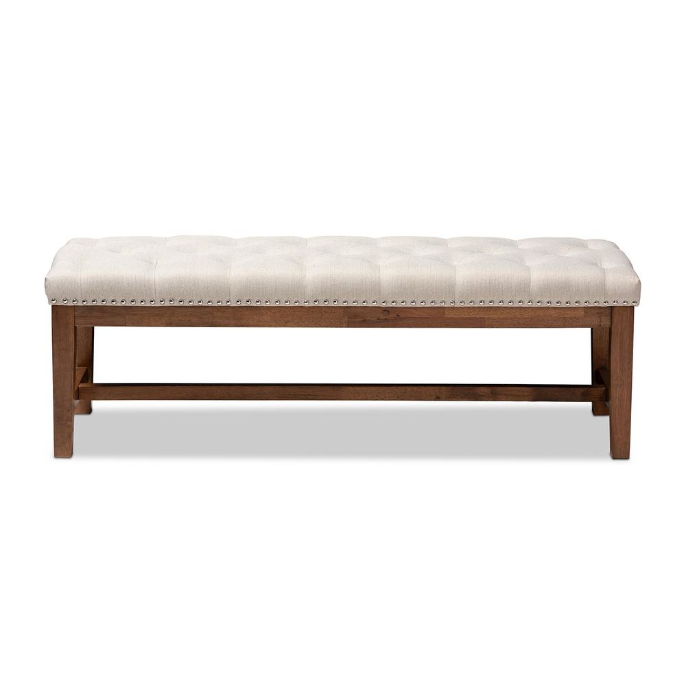 Light Beige Fabric Upholstered Walnut Finished Solid Rubberwood Bench