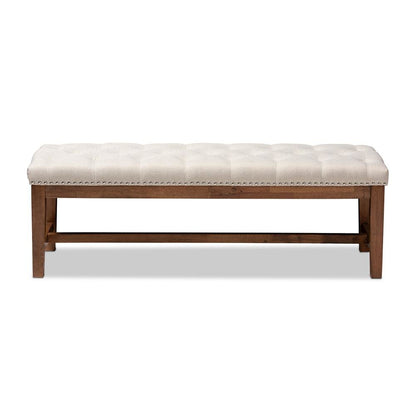 Light Beige Fabric Upholstered Walnut Finished Solid Rubberwood Bench