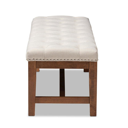 Light Beige Fabric Upholstered Walnut Finished Solid Rubberwood Bench
