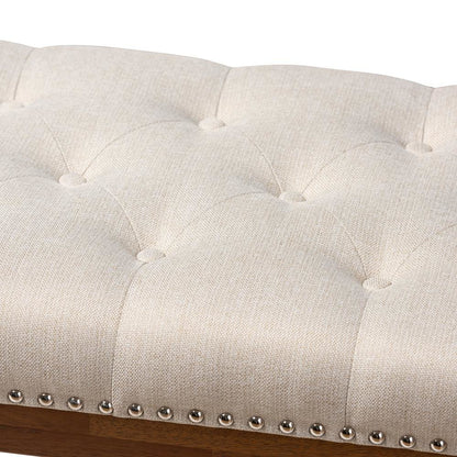 Light Beige Fabric Upholstered Walnut Finished Solid Rubberwood Bench