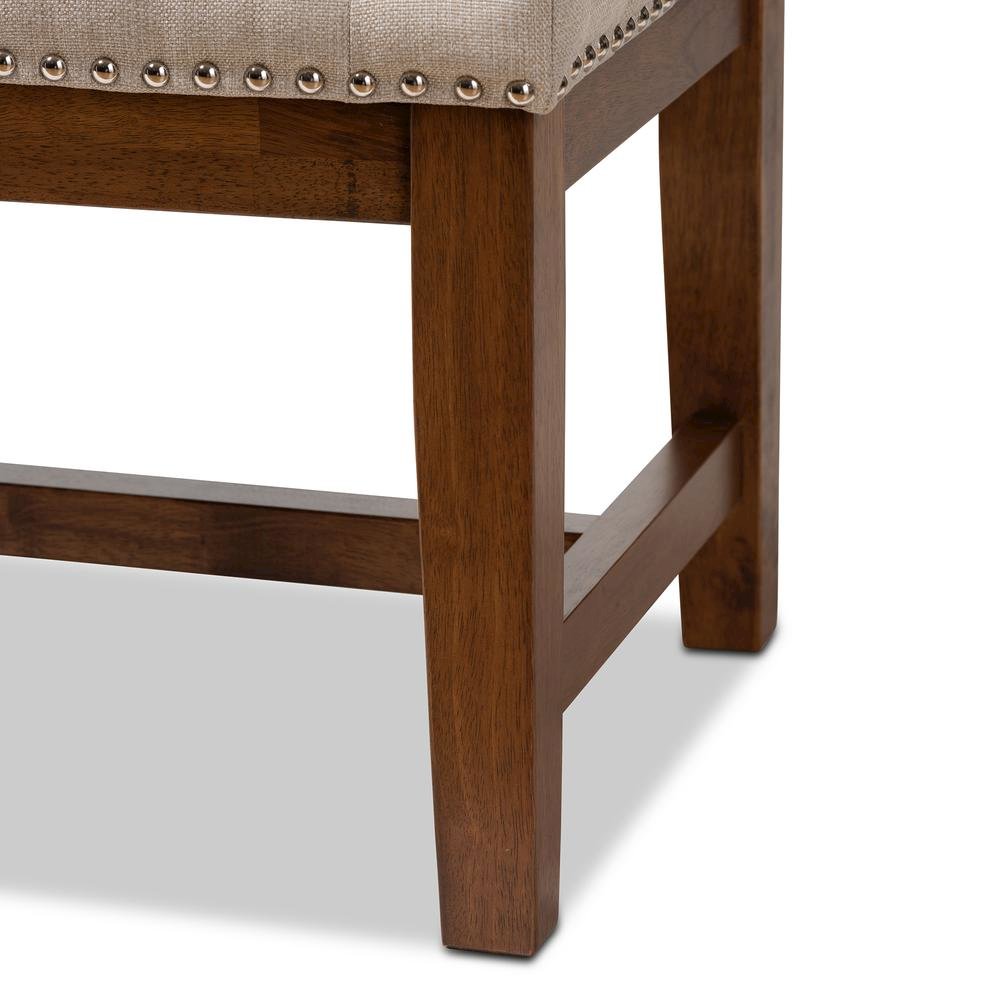Light Beige Fabric Upholstered Walnut Finished Solid Rubberwood Bench