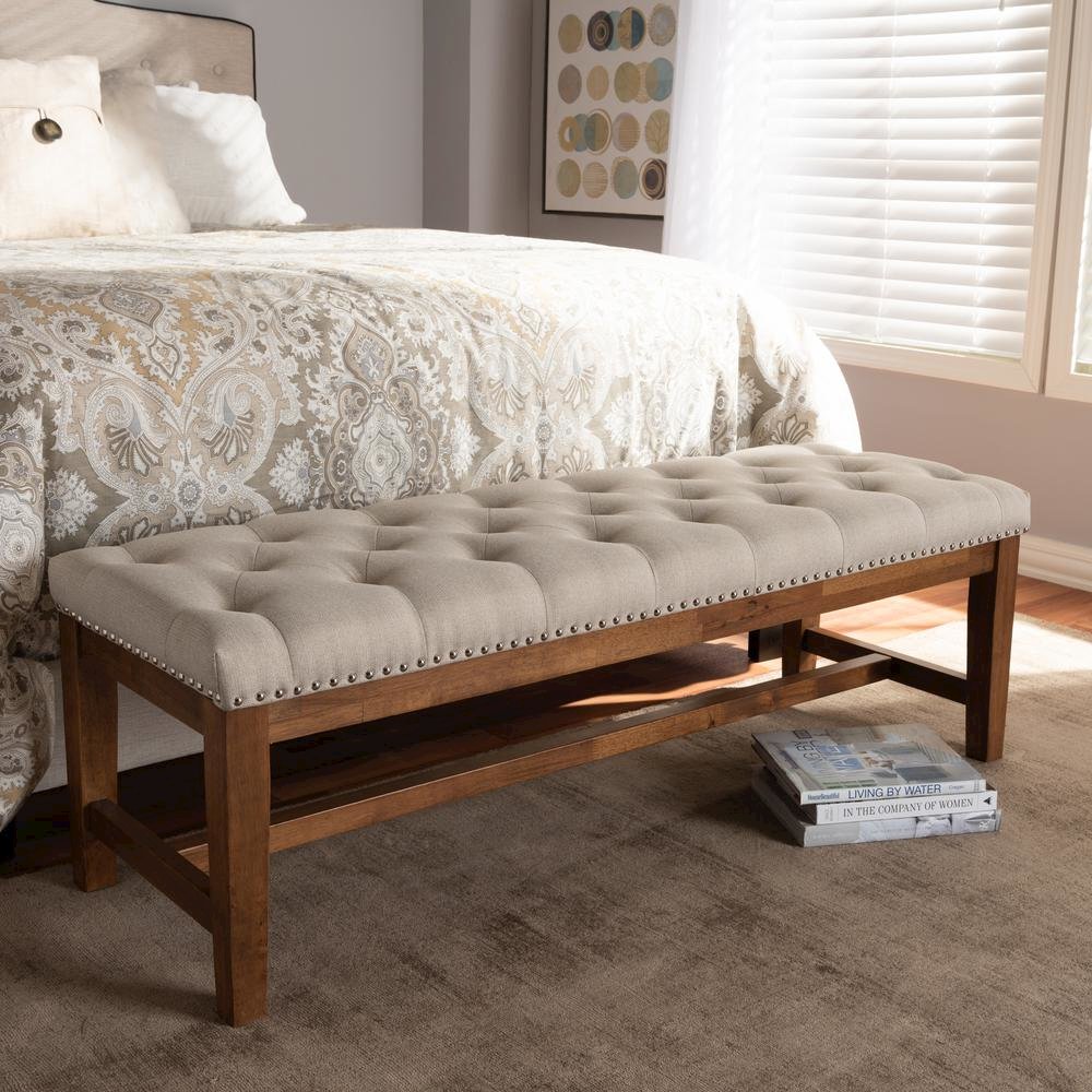Light Beige Fabric Upholstered Walnut Finished Solid Rubberwood Bench