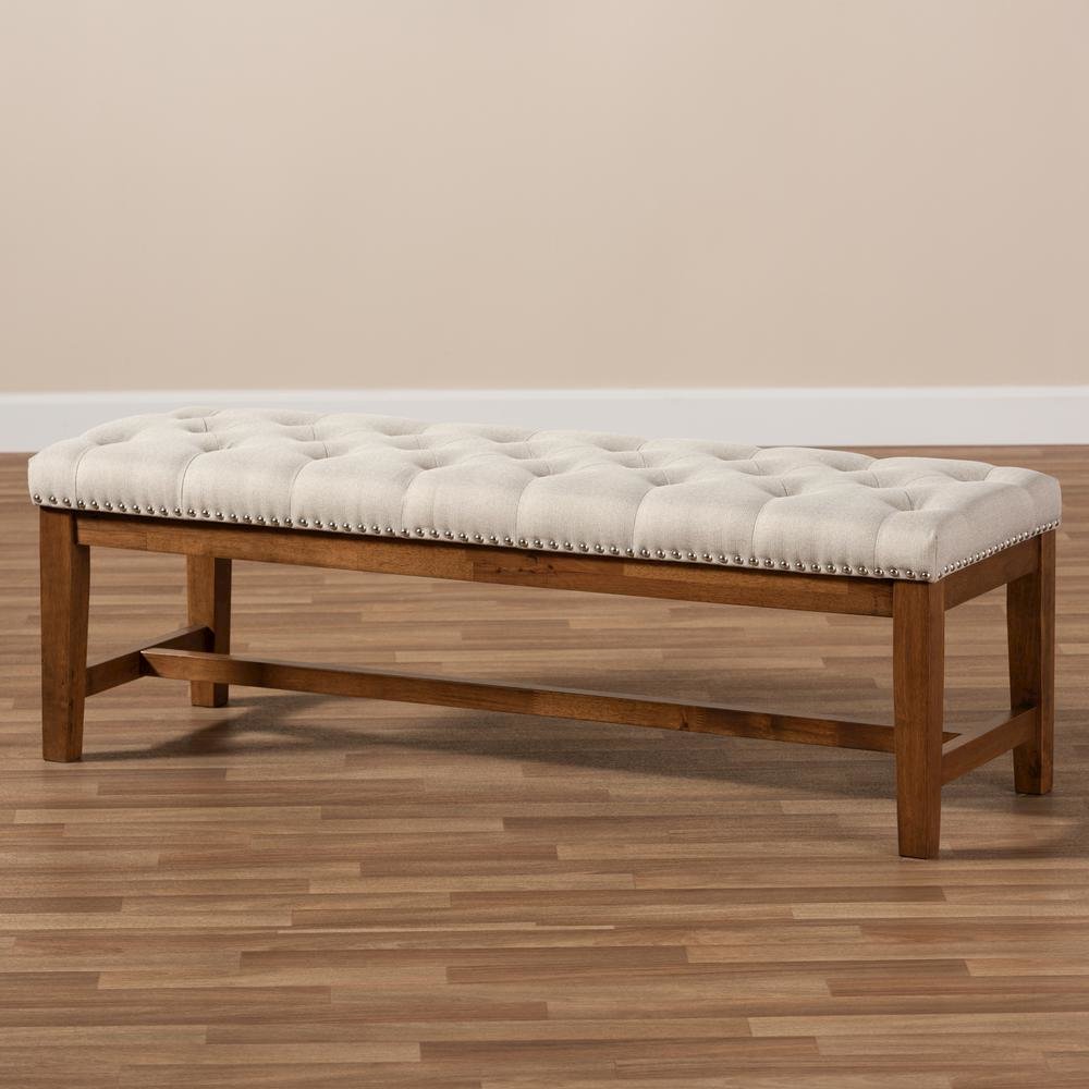 Light Beige Fabric Upholstered Walnut Finished Solid Rubberwood Bench