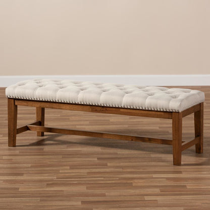 Light Beige Fabric Upholstered Walnut Finished Solid Rubberwood Bench