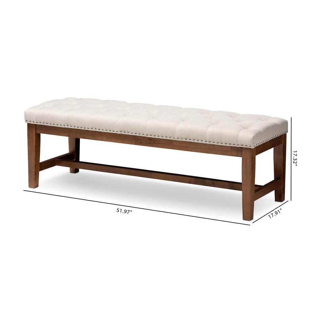 Light Beige Fabric Upholstered Walnut Finished Solid Rubberwood Bench