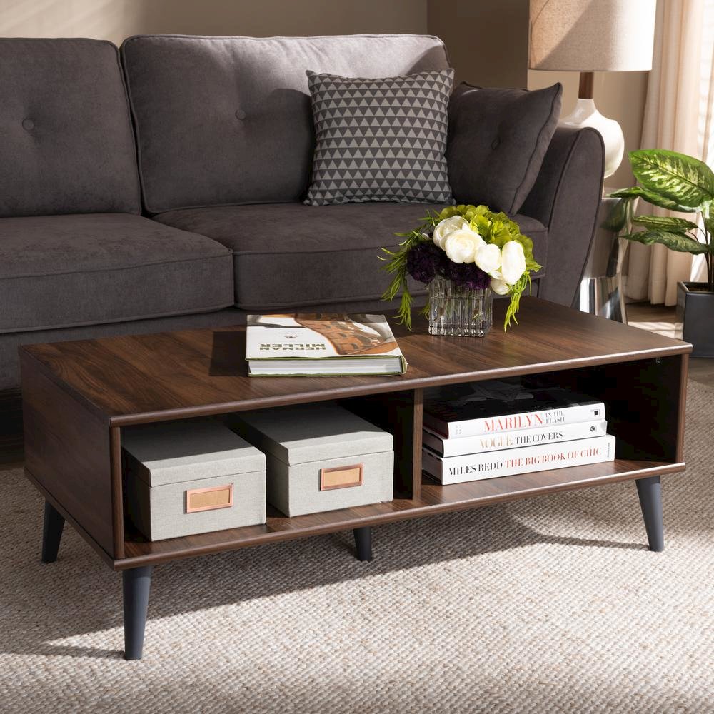 Pierre Mid-Century Modern Brown and Dark Grey Finished Wood Coffee Table
