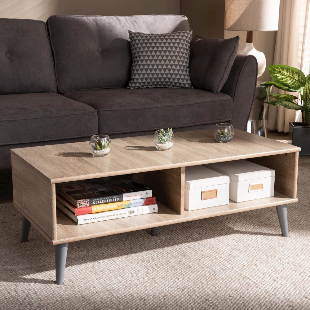 Pierre Mid-Century Modern Oak and Light Grey Finished Wood Coffee Table