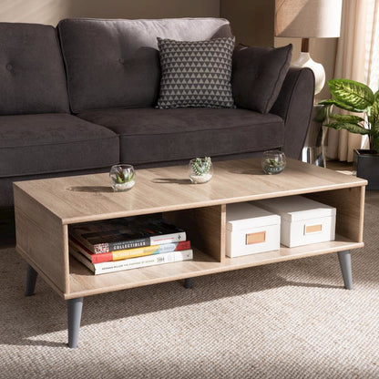 Pierre Mid-Century Modern Oak and Light Grey Finished Wood Coffee Table