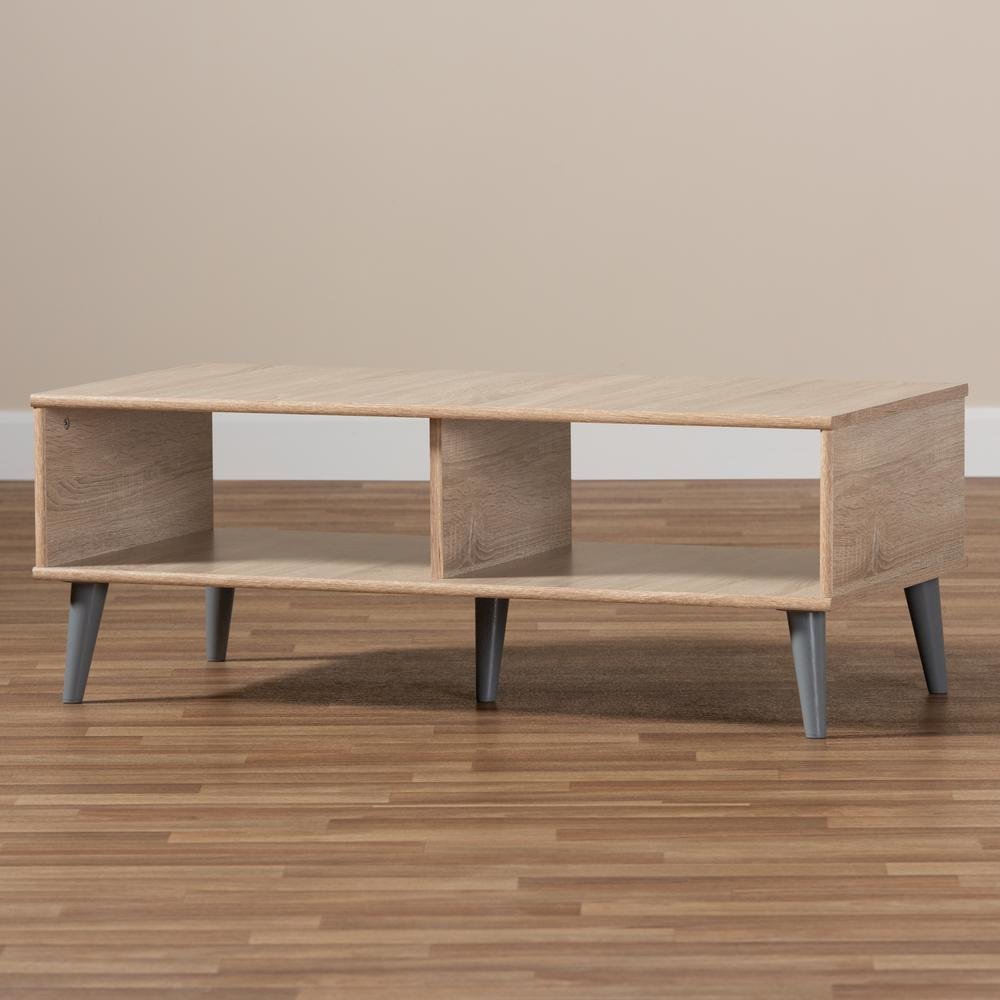 Pierre Mid-Century Modern Oak and Light Grey Finished Wood Coffee Table
